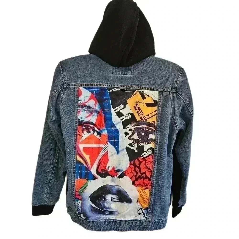 VTG American Bazi Graphic Distressed Denim Jacket Size MEDIUM